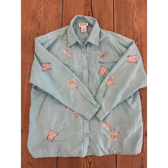 Women's Quacker Factory Butterfly Embroidered Linen Blend Button Up Blue XL - Picture 1 of 5